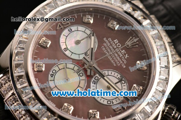 Rolex Daytona Chrono Swiss Valjoux 7750 Automatic Steel Case with Diamond Bezel Black Leather Strap and Brown MOP Dial - Click Image to Close
